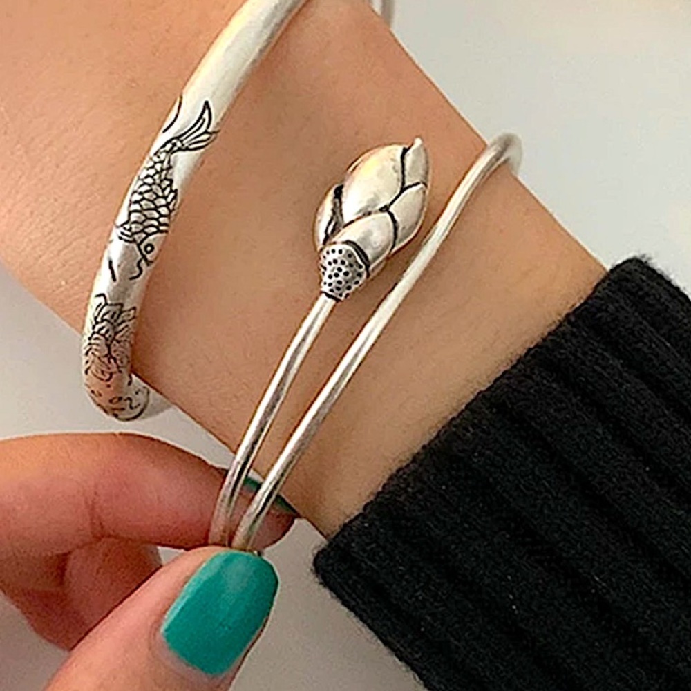 Sterling Silver Rose Flower Bangle Bracelet